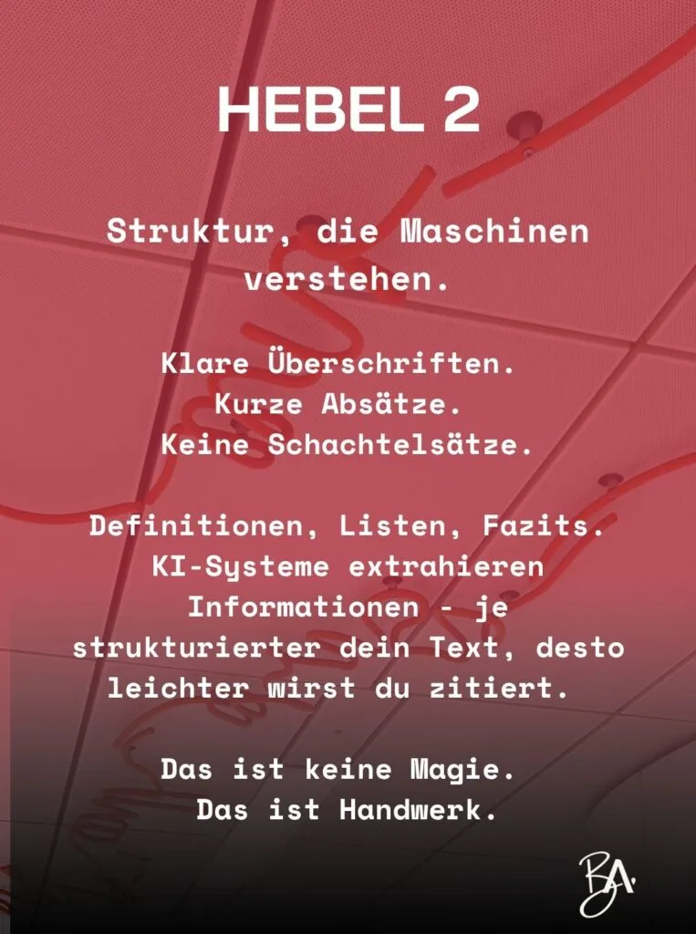 Infografik „Hebel 2“: Struktur, die Maschinen verstehen. Klare Überschriften, kurze Absätze, Definitionen, Listen und Fazits.