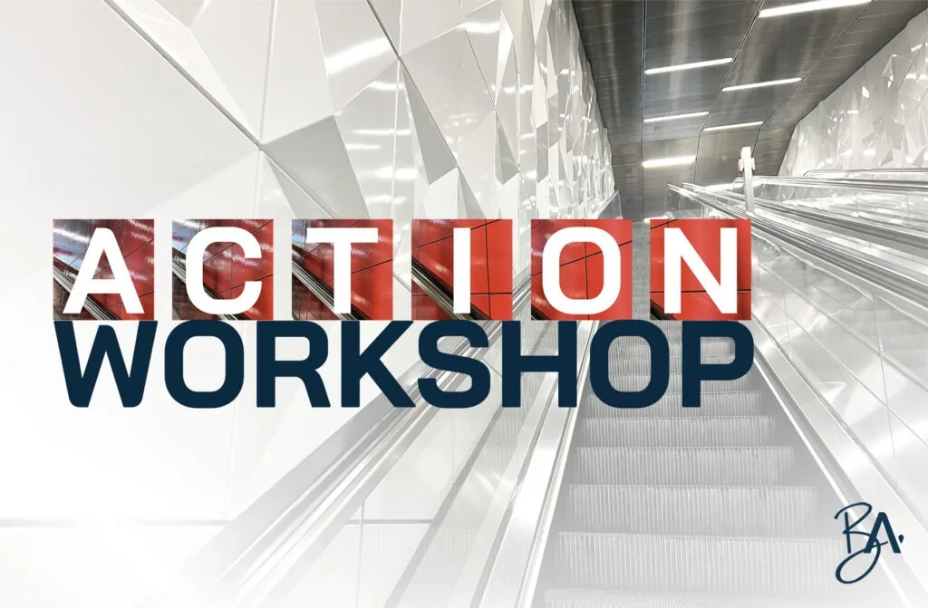 Titelgrafik des ACTION Workshops: der Schriftzug vor einer Rolltreppe in hellem Silber.