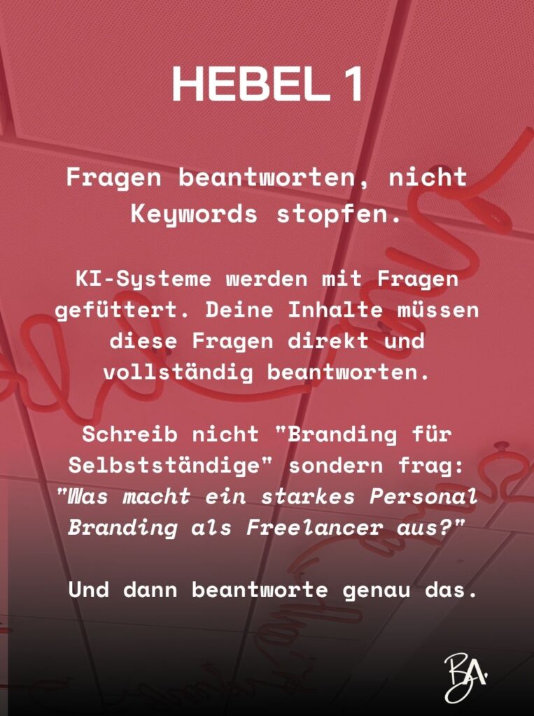 german poster labeled 'hebel 1' advising to answer questions, not keywords; ai systems should be fed questions and answered directly.