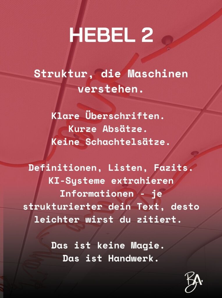poster-like image with the title 'hebel 2' and german text about making machine understanding clearer: short sentences, headings, definitions, lists; ends with 'das ist handwerk' with a signature mark in the bottom-right.