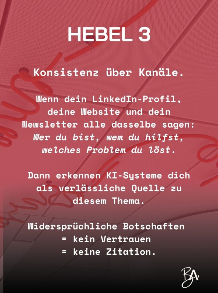 german poster about brand consistency across linkedin, website, and newsletter, emphasizing clear identity and reliable sources.