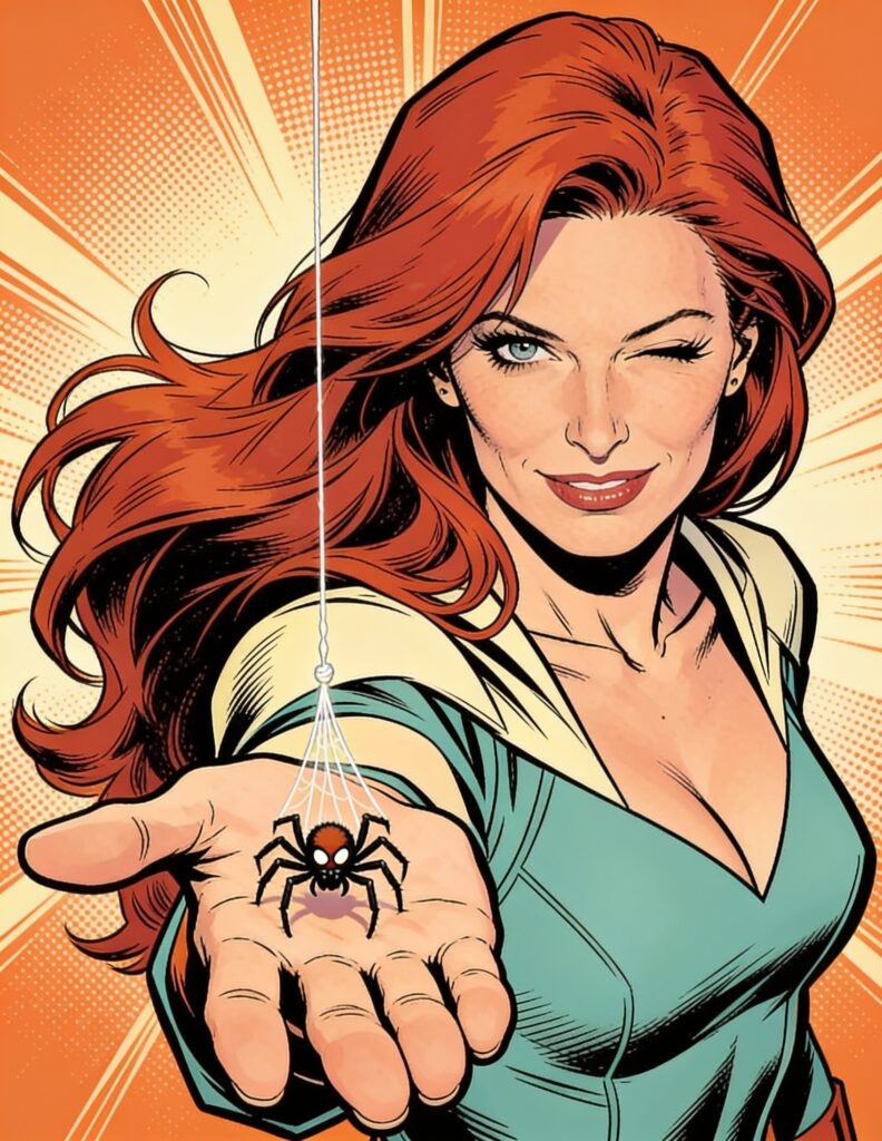 Sabrina_Amels_sa_bai_superpower Comic-Illustration: Sabrina Amels als Superheldin, eine Spinne auf der ausgestreckten Hand