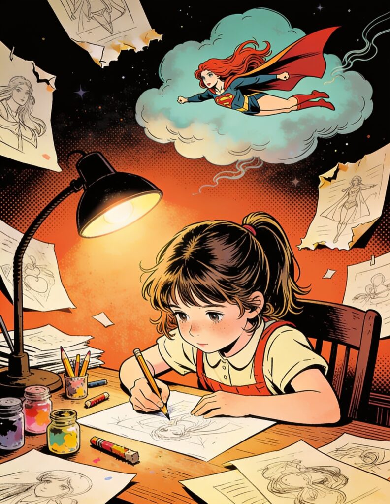 Sabrina_Amels_sabrina_amels_comics Comic-Illustration: ein Mädchen zeichnet am Schreibtisch und träumt von einem fliegenden Superhelden